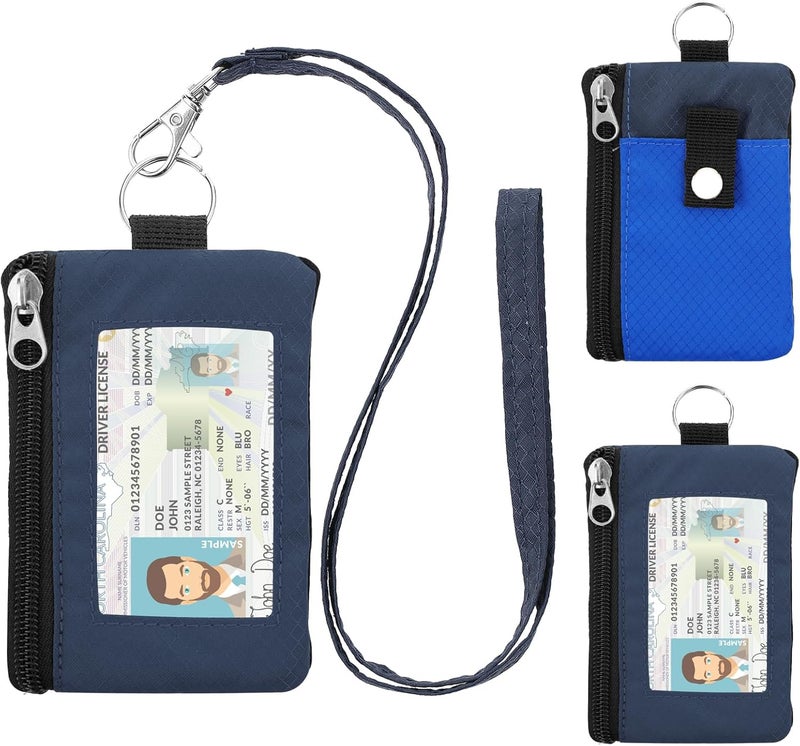 ZHOMA Minimalist RFID Wallet with Lanyard, Multi-Functional ID Case with 2 Zipper Pockets and Key Chain for Men and Women, Tactical Badge Pouch Cards Holder, Coin Purse for Travel Sports-DarkBlue - Image 1